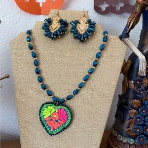 Handcrafted Teal Beaded Heart Necklace with Floral Embroidered Pendant
